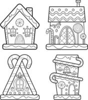 Christmas coloring book or page. Gingerbread house black and white set vector