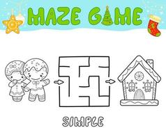 Christmas Maze puzzle game for children. Simple outline maze or labyrinth game with christmas Gingerbread man and Gingerbread house. vector