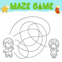 Christmas Maze puzzle game for children. Outline maze or labyrinth. Find path game with Christmas Gingerbread man. vector