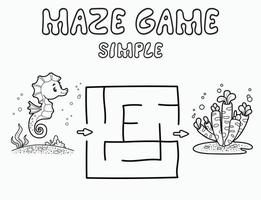 Simple Maze puzzle game for children. Outline simple maze or labyrinth game with Sea Horse. vector