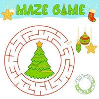 Christmas maze puzzle game for children. Circle maze or labyrinth game with Christmas tree and decorations. vector