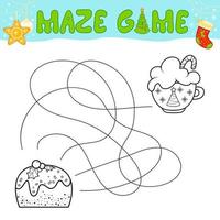 Christmas Maze puzzle game for children. Outline maze or labyrinth. Find path game with christmas cake. vector