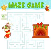 Christmas Maze puzzle game for children. Maze or labyrinth game with Christmas Sock and fireplace. vector