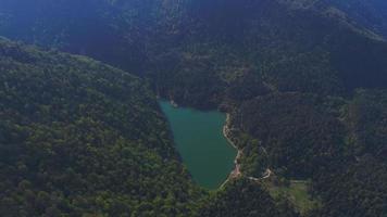 meer tussen dichte bossen, luchtfoto. gelegen midden in de weelderige natuur, ziet het meer er geweldig uit. video