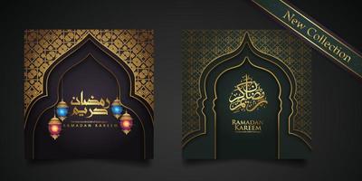 Ramadan background islamic greeting design with mosque door with floral ornament and arabic calligraphy. vector illustration