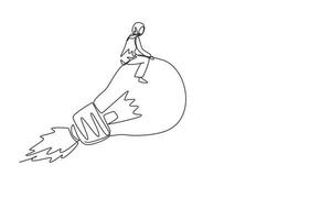 Single continuous line drawing cute Arabian businesswoman riding flying bright lightbulb lamp with rocket. Innovation startup business to achieve success goal. One line draw design vector illustration