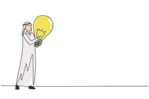 Single continuous line drawing Arabian businessman holds big light bulb as symbol of new idea. Arab man stands with idea in his hands. Business idea concept, inspiration. One line draw design vector