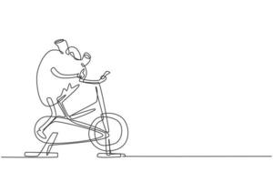 Continuous one line drawing funny heart organ exercising on stationary bike. Heart organ workout, sport, fitness, cardio cyclist, stamina character concept. Single line draw design vector illustration