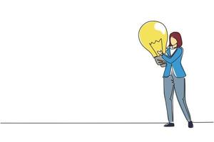 Continuous one line drawing smiling businesswoman holds big lightbulb as symbol of new idea. Happy woman in blazer stands with idea in her hands. Business concept idea. Single line draw design vector