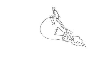 Single one line drawing businessman riding idea light bulb flying through sky. Creative new idea, innovation start up business to achieve success goal. Continuous line draw design vector illustration