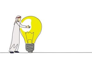 Single one line drawing happy Arab businessman hugs big lightbulb. Male with light idea bulb. Business success, creative, inspiration, business startup. Continuous line draw design vector illustration