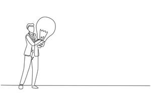 Single one line drawing businessman holds big light bulb as symbol of new idea. Man in suit stands with idea in his hands. Business concept idea and inspiration. Continuous line draw design vector