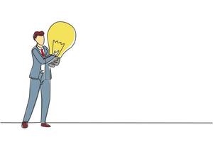 Single one line drawing businessman holds big light bulb as symbol of new idea. Man in suit stands with idea in his hands. Business concept idea and inspiration. Continuous line draw design vector
