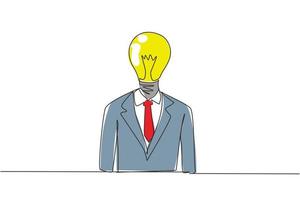 Single one line drawing businessman with light bulb instead of head. Business idea. Huge glowing light bulb instead of head thinking, brainstorming. Continuous line draw design vector illustration