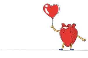 mascota de órgano de corazón de dibujo continuo de una línea que sostiene un globo con forma de amor para la fiesta de celebración. salud del sistema cardiovascular. poder y fuerza del órgano del corazón. vector de diseño de dibujo de una sola línea