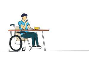 Single one line drawing male young wheelchair user eating food sitting at the table. Having lunch, snack in cafe. Society and disabled people. Continuous line draw design graphic vector illustration