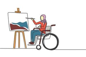 Single one line drawing disabled Arabian woman in wheelchair painting landscape on canvas. Rehabilitation physiotherapy concept. Physical disability. Continuous line draw design vector illustration