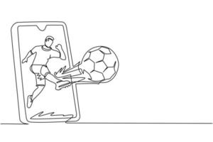 jugador de fútbol de dibujo de una sola línea continua disparando pelota y saliendo de la pantalla del teléfono inteligente. partido de deportes móviles. juego de fútbol en línea con aplicación móvil en vivo. vector de diseño gráfico de dibujo de una línea