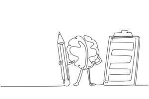 Continuous one line drawing brainy student human brain cartoon character with pencil, clipboard, checklist. Business success completed plan concept. Single line draw design vector graphic illustration