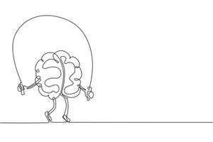 Single continuous line drawing brain training with rope jumping flat design. Creative idea. Fitness brain concept. Doodle style. Character brain for sport, education. One line draw vector illustration