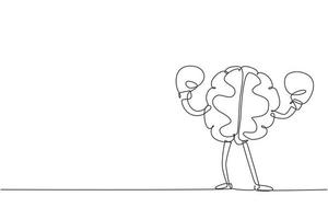 Continuous one line drawing brain with boxing gloves celebrating victory. Concept of proving and defending your position, power mind, memory. Single line draw design vector graphic illustration