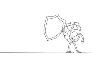 Single continuous line drawing brain mascot or character holding shield for protection. Protecting patient from mental illness germs, microbes fear or phobia. One line draw design vector illustration