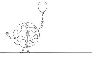 Continuous one line drawing funny brain holding balloon. Celebration party cartoon brain concept. Doodle style. Flat style design of character brain. Single line draw design vector illustration