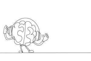 Continuous one line drawing cute joyful human brain organ character listening music in headphones. Music lover cartoon brain concept. Doodle style. Single line draw design vector graphic illustration