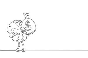 Single continuous line drawing rich human brain cartoon design holds money bags. Cute brain mascot illustration holding bag full of money. Dynamic one line draw graphic design vector illustration