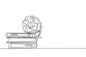 Continuous one line drawing cartoon brain reading book. Funny brain character sitting on stack of books. Learn and study print. Education school poster. Single line draw design vector illustration