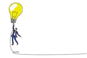 Single continuous line drawing businessman flying holding idea bulbs. Big idea to solve business problem, invention or innovation to drive business growth. One line draw design vector illustration