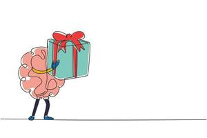 dibujo de una sola línea concepto de diseño de dibujos animados del cerebro humano con una gran caja de regalo con cinta. concepto de dibujos animados de cerebro alegre que tiene una caja. ilustración de vector gráfico de diseño de dibujo de línea continua moderna