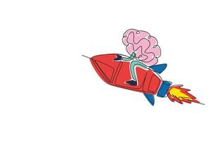 dibujo de una sola línea competir cerebro mascota personaje montando cohete volador. impulsar su negocio, el crecimiento de la puesta en marcha y el concepto de progreso. ilustración de vector gráfico de diseño de dibujo de línea continua moderna