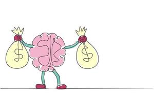 Single continuous line drawing brain holding money bag with two hands. Cute brain mascot character illustration holding bag full of money. Dynamic one line draw graphic design vector illustration