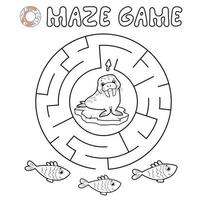 Maze puzzle game for children. Outline circle maze or labyrinth game with walrus. vector