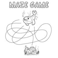 Maze puzzle game for children. Outline maze or labyrinth. Find path game with seal. vector