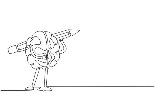 Continuous one line drawing brainy student human brain character with carrying pencil on shoulder. Storytelling logo, writer icon. Training of writing skills concept. Single line draw design vector