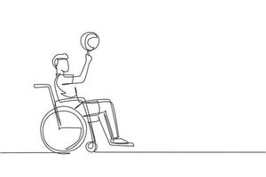 Single continuous line drawing young guy in wheelchair plays basketball. Disabled person spins basketball on his finger. Exercise for people with disabilities. One line draw design vector illustration