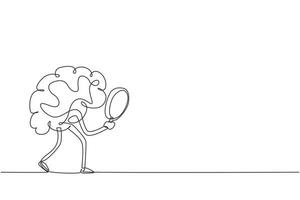 Single one line drawing brain mascot character holding magnifying glass in search of something concept, looking through it with big eye. Modern continuous line draw design graphic vector illustration