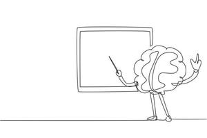 Dibujo continuo de una línea Clase de enseñanza de personaje de dibujos animados de mascota de cerebro inteligente frente a la pizarra en el aula. tema de la educación ilustración gráfica de vector de diseño de dibujo de una sola línea