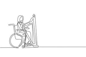 Single one line drawing elegant woman sitting in wheelchair plays harp in concert. Disability and classical music. Physically disabled. Rehabilitation center. Continuous line draw design vector