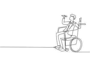 Single continuous line drawing disabled person enjoying life. Handsome man sitting in wheelchair singing at karaoke bar. Spend time in recreational place. One line draw design vector illustration