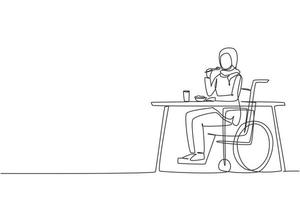 Single continuous line drawing Arabian female young wheelchair user eating food sitting at the table. Having lunch, snack in cafe. Society and disabled people. One line draw design vector illustration