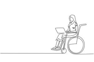 Continuous one line drawing disabled woman working on laptop. Wheelchair, idea, computer. Freelance, disability. Online job and startup. Physical disability and society. Single line draw design vector