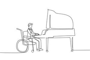 Single continuous line drawing disabled handsome man in wheelchair playing piano in concert. Disability and classical music. Physically disabled. One line draw graphic design vector illustration