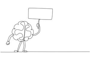 Single continuous line drawing brain with sign template mascot character. Cartoon brain holding placard with blank board. Concept design brain need attention. One line draw design vector illustration