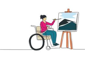 Single one line drawing disabled woman in wheelchair painting landscape on canvas. Rehabilitation physiotherapy concept. Physical disability, society. Continuous line draw design vector illustration