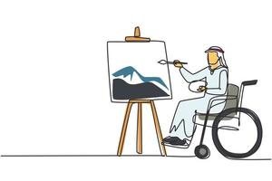 Single one line drawing disabled Arab man in wheelchair painting landscape on canvas. Rehabilitation physiotherapy concept. Physical disability. Continuous line draw design graphic vector illustration