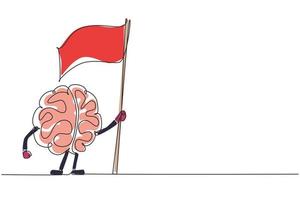 cerebro de caricatura de dibujo de una sola línea de pie con bandera, órgano divertido del sistema nervioso humano. diseño plano del cerebro del personaje para el tema de la educación. ilustración de vector gráfico de diseño de dibujo de línea continua