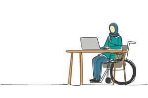 Continuous one line drawing young Arabian woman uses wheelchair, working with computer in office. Online job and startup. Physical disability and society. Single line draw design vector illustration